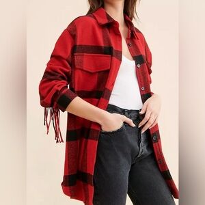 Badgley Mischka Red Black Plaid Fringe Women’s Shacket Jacket Large